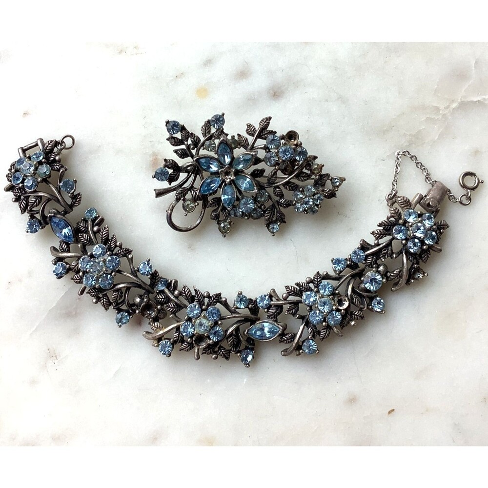 Vintage Coro Blue Rhinestone Brooch Bracelet Set Demi Parure Floral